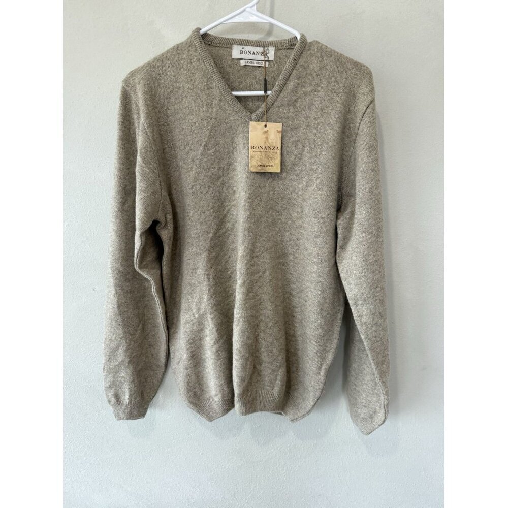 Bonanza Satrangi Men’s Large L Beige Lambs Wool Sweater Vneck Pullover Long Slv